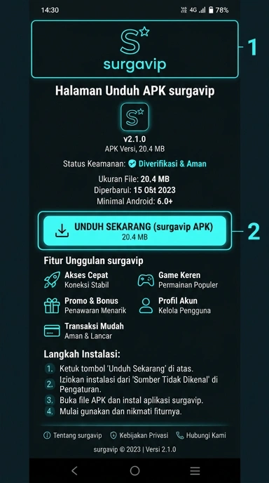 Tampilan halaman APK surgavip