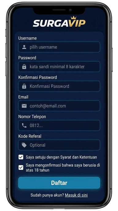 Tampilan halaman daftar surgavip